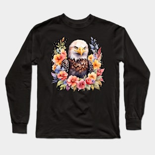 A bald eagle decorated with beautiful watercolor flowers Long Sleeve T-Shirt